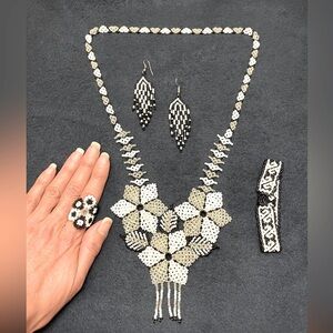 Hand-beaded Black, White and Silver Set: Necklace, Earrings, Bracelet, Ring